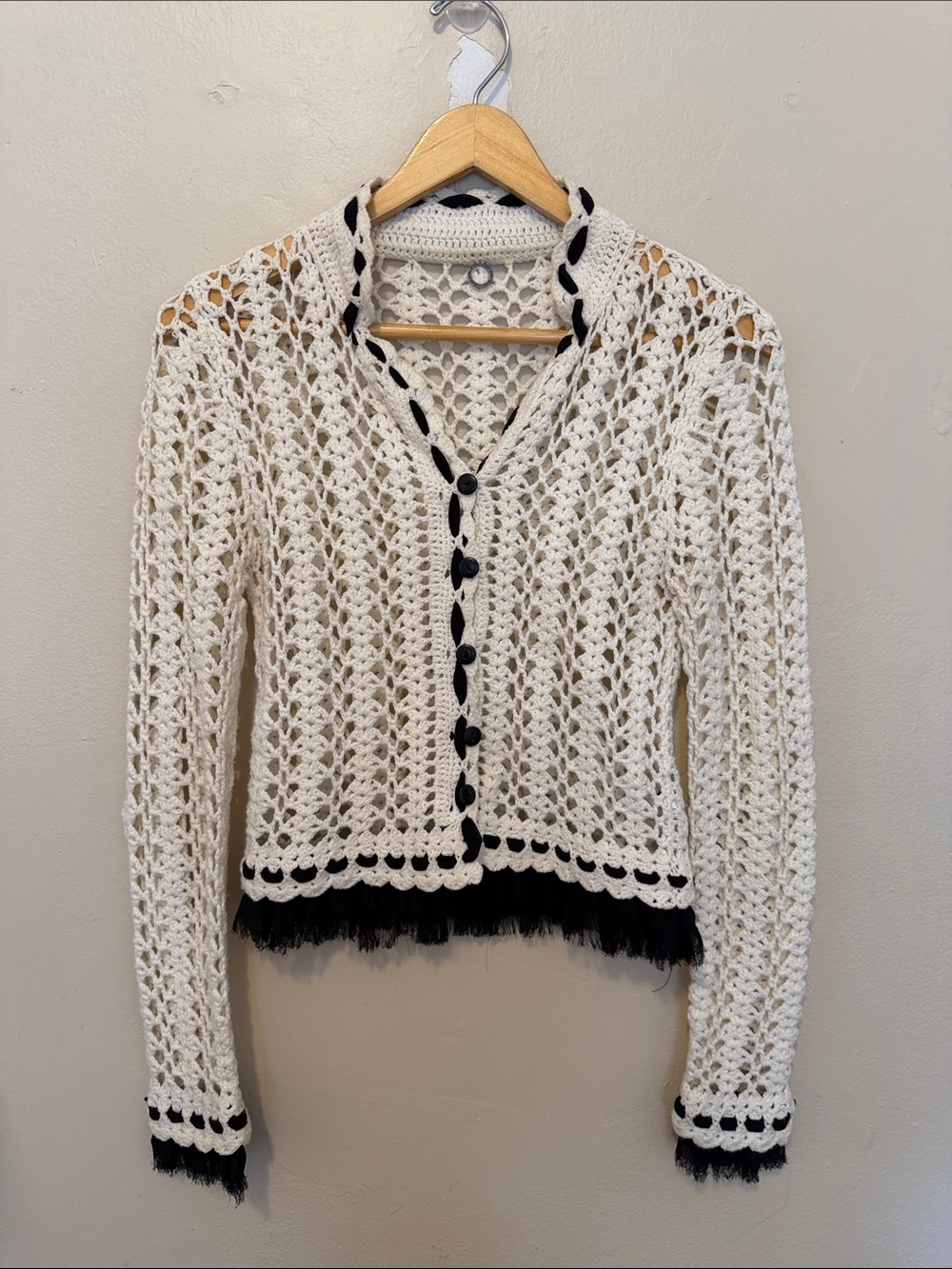 One Girl Who Cream Crochet Cardigan with Black Trim